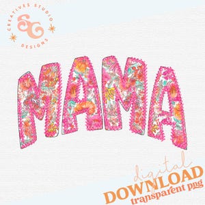 May include: Floral patterned "MAMA" text in pink with a white background. The letters are outlined in pink and have a fuzzy texture.