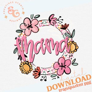 May include: A digital design featuring the word "Mama" in pink script, encircled by a floral wreath with pink and yellow flowers, green leaves, and a leopard print pattern. The design includes the text "digital DOWNLOAD transparent png".