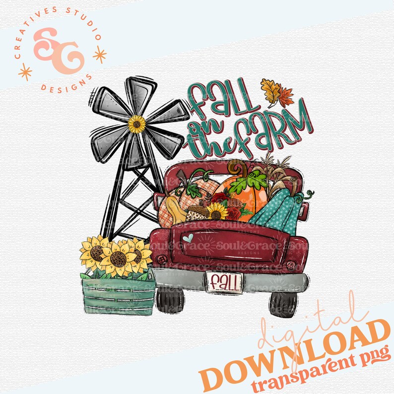 K&ouml;nnte beinhalten: Eine rote Pritsche voller K&uuml;rbisse, K&uuml;rbisse und Herbstlaub. Der LKW hat ein "Fall"-Kennzeichen und die Worte "Fall on the farm" sind in einer verspielten Schrift &uuml;ber dem LKW geschrieben.