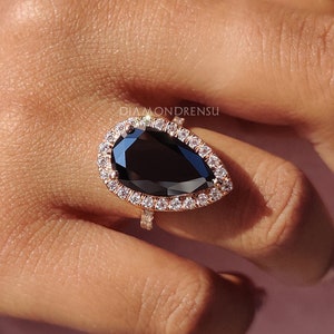 Black Moissanite Ring, 4.80 CT Black Pear Cut Moissanite Halo Engagement Ring for Women, Handmade Moissanite Engagement Ring - Diamondrensu