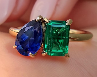 Emerald and Pear Cut Gemstone Toi Et Moi Engagement Ring, Emerald and Blue Sapphire Wedding Ring, 2 Stone Promise Ring for Her, Comfort Fit