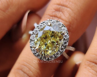 4.50 ct Oval Hybrid Cut Yellow Moissanite Ring, Halo Split Shank Engagement Ring, Double Hidden Halo Ring, Wedding Ring for Women, Gift Ring