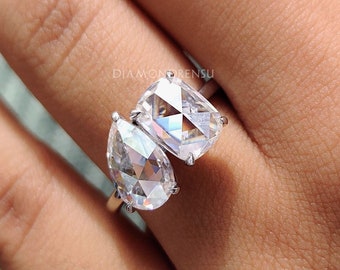 Rose Cut Moissanite Engagement Ring, Toi Et Moi Wedding Ring, Pear & Cushion Moissanite, Vintage Style Ring, Promise Ring, Anniversary Gift