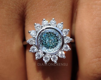 2 carat Portuguese Cut Cyan Blue Moissanite Engagement Ring, Floral Style Halo Wedding Ring, Antique Ring for Women, Anniversary Gifts