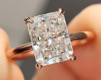 Radiant Cut Moissanite Solitaire Engagement Ring with Hidden Halo Setting, Classic Comfort Wedding Ring for Her, Anniversary Ring for Women