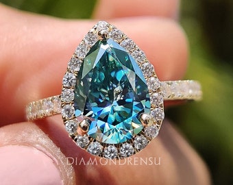 Pear Cyan Blue Moissanite Ring, Halo Engagement Ring, 2.30 TW Pear Shaped Moissanite Ring, Best Proposal Ring For Her, Anniversary Gift Ring