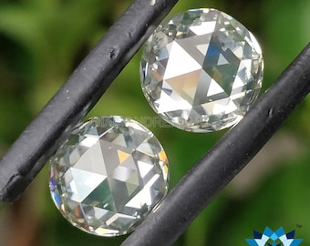 Puede incluir: Dos diamantes redondos y facetados sostenidos por unas pinzas negras. Los diamantes son claros con múltiples facetas que reflejan la luz, creando un efecto brillante. El fondo es verde borroso, lo que sugiere un entorno al aire libre. Los diamantes son el foco.