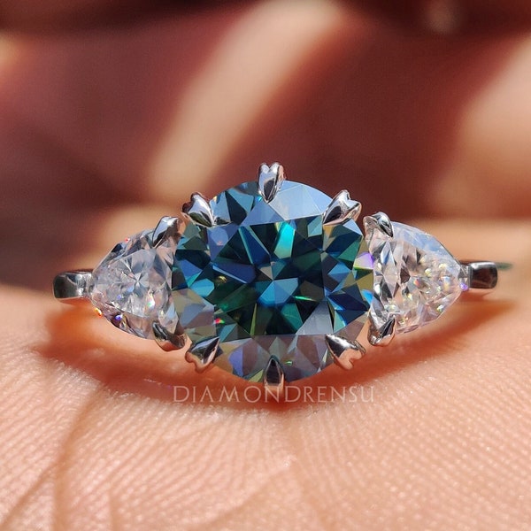 Round Cyan Blue Moissanite Diamond Ring, 2.21 TW Three Stone Engagement Ring, Wedding Ring, Trillion Cut Moissanite Ring, Promise Ring