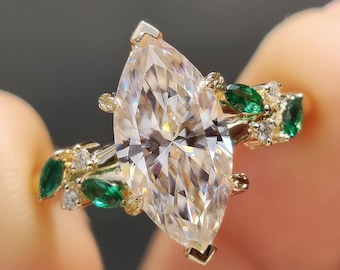 Nature Inspired Marquise Moissanite Engagement Ring, Leaves and Petals Prong Wedding Ring, Green Emerald Gemstone Ring, Anniversary Gifts