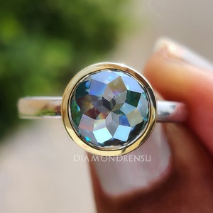 labor day saleTwo-Tone Bezel Engagement Ring - 2ct Blue Green Moissanite with Rose Cut in Mixed Metals