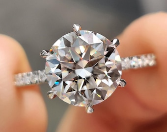 Round Moissanite Hidden Halo Engagement Ring with Pave Setting, Six Claw Prong Set Wedding Ring, Promise Ring for Her, Anniversary Gift Ring