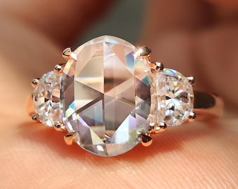 Oval Rose Cut Moissanite 3 Stone Engagement Ring with Half Moon, Flat Cut Moissanite Wedding Ring, Comfort Fit Ring for Her, Vintage Style