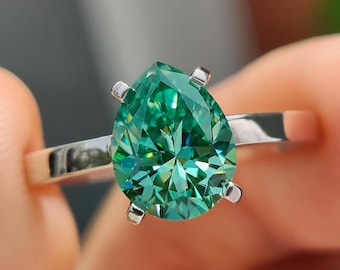 Green Pear Moissanite Solitaire Engagement Ring, Wedding Ring for Her with Flat Comfort Fit Shank Setting, Anniversary Gift Ring for Women
