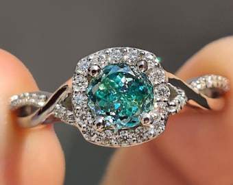 Portuguese Cut Moissanite Halo Engagement Ring with Twisted Pave Setting, Cyan Blue Moissanite Wedding Ring for Her, Anniversary Gifts Ring