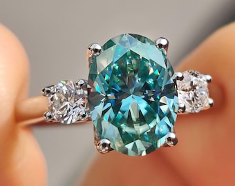 Tulip Basket Set Three Stone Oval Engagement Ring, Side Round Moissanite Wedding Ring, Cyan Blue Oval Promise Ring for Her, Anniversary Gift