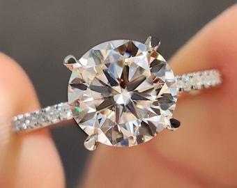 Round Moissanite Pave Engagement Ring, 4 Claw Prong Set Moissanite Wedding Ring, Promise Ring for Her, Handmade Anniversary Ring for Women
