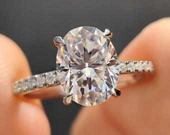 Oval Moissanite Engagement Ring with Pave Setting, Claw Prong Setting Wedding Ring for Her, Anniversary Gift Ring for Women, Handmade Ring