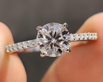 Round Moissanite Pave Engagement Ring with Peekaboo Floral Basket Setting, Minimalist Wedding Ring for Her, Dainty Anniversary Gifts for Her