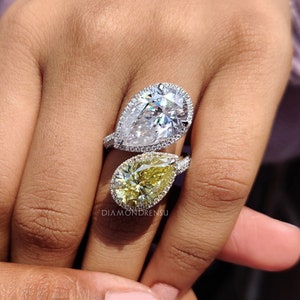 Vintage Pear Shaped Toi Et Moi Engagement Ring with 3 sided Pave Band, Two Stone Halo Wedding Ring for Her, Celebrity Style Moissanite Ring