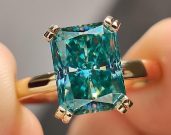 Cyan Blue Radiant Cut Moissanite Solitaire Wedding Ring, Comfort Fit Engagement Ring, Promise Ring for Her, Anniversary Gift Ring for Women