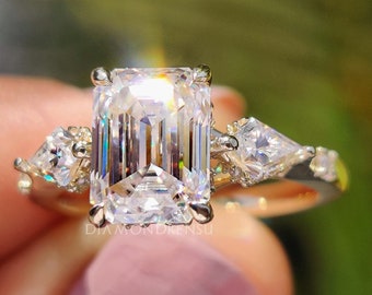 Emerald Cut Moissanite Diamond Engagement Ring, 2.16 TW Three Stone Wedding Ring, Kite Cut Moissanite, Ring For Women, Anniversary Gift Ring