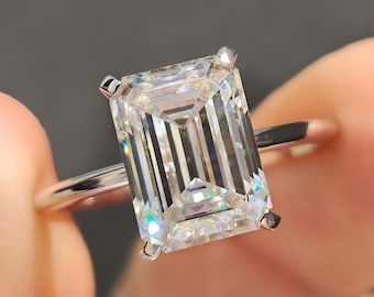 Emerald Cut Moissanite Solitaire Wedding Ring for Her, 3 Carat Moissanite Engagement Ring, Handmade Anniversary Ring for Women, Promise Ring