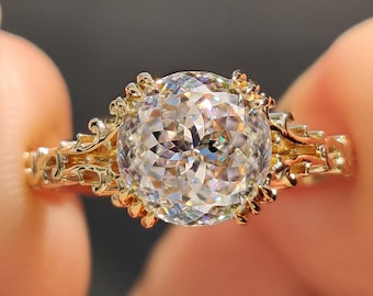 Vintage Style Solitaire Engagement Ring with Portuguese Moissanite, Fishtail Prong Setting Wedding Ring for Her, Handmade Anniversary Gifts