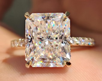 Radiant Cut Moissanite Hidden Halo Engagement Ring for Women, Round Moissanite Pave Setting with Euro Shank, Wedding Ring for Her, Gift Ring