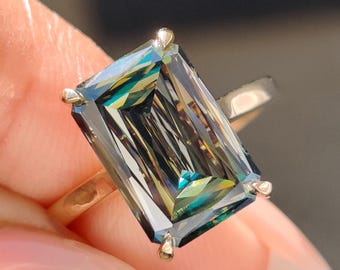 Criss Cut Moissanite Solitaire Engagement Ring with Cathedral Setting, Comfort Fit Wedding Ring for Her, Green Moissanite Anniversary Ring