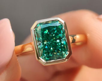 Radiant Cut Green Moissanite Engagement Ring, Bezel Set Solitaire Wedding Ring, Cathedral Setting, Anniversary Gift Ring for Women