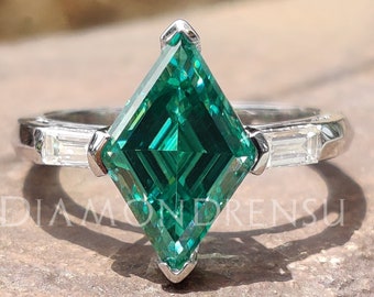 13 x 8.25 MM Lozenge Dark Green Moissanite Ring | Three Stone Ring | Engagement Ring | Wedding Ring | Anniversary Gift for Her | White Gold