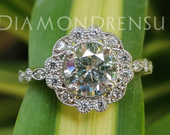 Round Moissanite Vintage Engagement Ring, Cluster Wedding Ring with Milgrain Setting, Victorian Ring, Unique Anniversary Gift Ring for Women