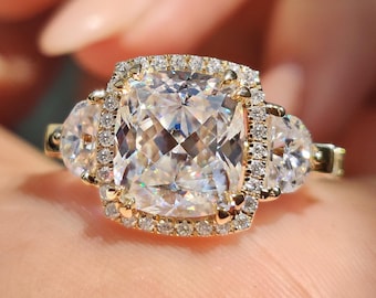 Cushion Divine Moissanite 5 Stone Engagement Ring, Halo Wedding Ring for Her, Antique Cut Moissanite Handmade Anniversary Ring for Gifts