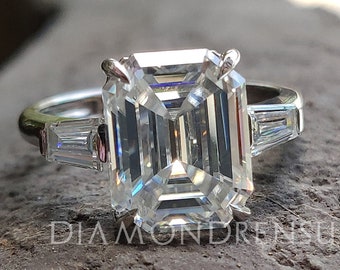 3.78 CT Emerald Cut Colorless Moissanite Ring, Three Stone Engagement Ring, Side Tapered Baguette Moissanite, Claw Prongs, Anniversary Gift