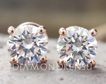 1.5 carat moissanite earrings, studs in rose gold with secure screw back, anniversary gift for her