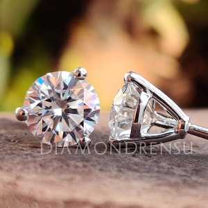 Classic Three Prong Martini Style Earrings, 7.00 MM Round Colorless Moissanite Wedding Earrings, Moissanite Stud, Anniversary Gift for Her