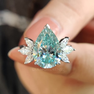 3.87 TW Pear Cyan Blue Moissanite Engagement Ring, Side Marquise Cut Moissanite, Seven Stone Moissanite Ring, Anniversary Ring, Promise Ring