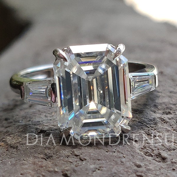 3.78 CT Emerald Cut Colorless Moissanite Ring, Three Stone Engagement Ring, Side Tapered Baguette Moissanite, Claw Prongs, Anniversary Gift