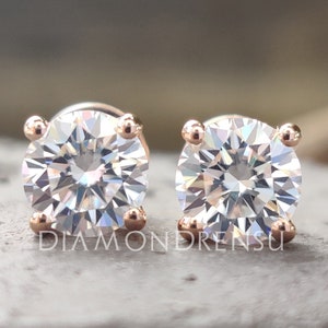 1.5 carat moissanite earrings, studs in rose gold with secure screw back, anniversary gift for her