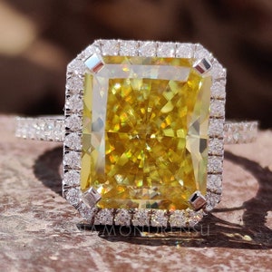 7.24 TCW Canary Yellow Radiant and Round Colorless Moissanite Halo