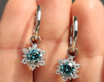 Round Moissanite Hoop Style Cluster Earrings for Her, Dangle Drop Wedding Earrings, Earlobe Earrings for Gift, Cyan Blue Moissanite Earrings