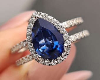 Pear Cut Blue Sapphire Halo Engagement Ring with Double Row Pave Setting, Birthstone Wedding Ring for Her, Anniversary Gift Ring for Women