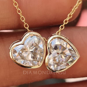 Twin Stone Heart Shaped Moissanite Pendant | Handcrafted 14kt Yellow Gold | 4 Carat Bezel Set | Perfect Gift for Women | Daily Wear Jewelry