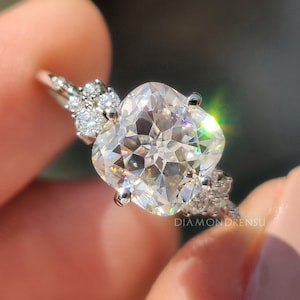 Vintage Style Muse Engagement Ring, 2.51 TCW Cushion Rensu Colorless Moissanite Ring, Side Round Colorless Moissanite, Proposal Wedding Ring
