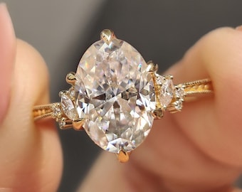 Oval Moissanite Vintage Engagement Ring, Tulip Prong Setting Wedding Ring, Art Deco Shank, Handcrafted Wedding Ring for Her, Promise Ring