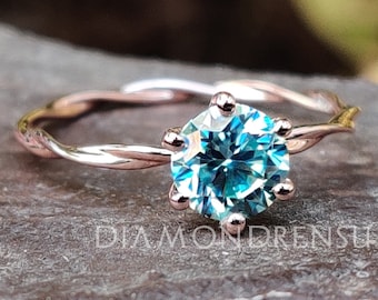 0.83 CT Round Aqua Blue Solitaire Engagement Ring, Six Prongs Dainty Wedding Ring Solid Rose Gold Ring, Wedding Set, Anniversary Gift Ring