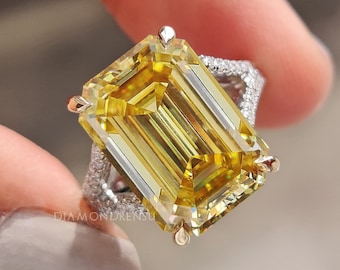 Celebrity Style Emerald Moissanite Engagement Ring, Emerald Canary Yellow Moissanite Split Pave Set Ring, Trellis Wedding Ring, Bridal Ring
