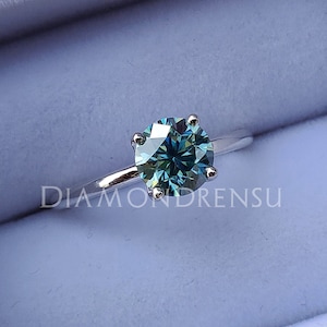 1.19 CT Round Brilliant Cut Cyan Blue Moissanite Solitaire Engagement Ring, White Gold Wedding Ring, Bridal Set Ring, Moissanite Jewelry Set