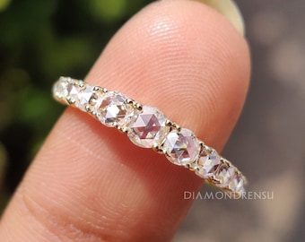Rose Cut Moissanite Half Eternity Wedding Band, Flat Cut Diamond Ring, Matching Stackable Band, Wedding Ring for Women, Anniversary Gifts
