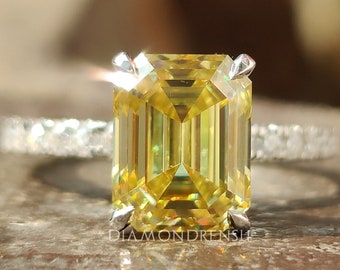 3.82 TW Emerald Cut Canary Vivid Yellow Moissanite Ring, Engagement Ring, Hidden Halo Wedding Ring, Anniversary Gift Ring, 10k/14k/18k Ring